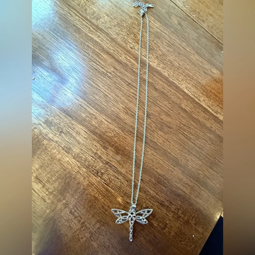 Two-Tone Dragonfly Heart Pendant Necklace — Silver - Picture 2 of 5